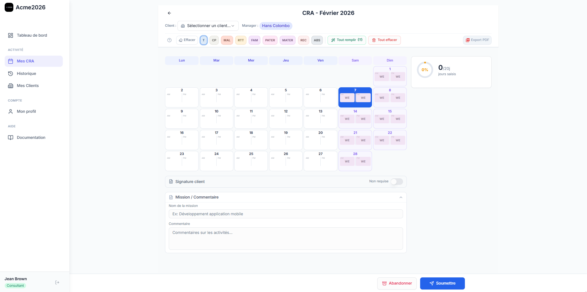 Interface de saisie CRA